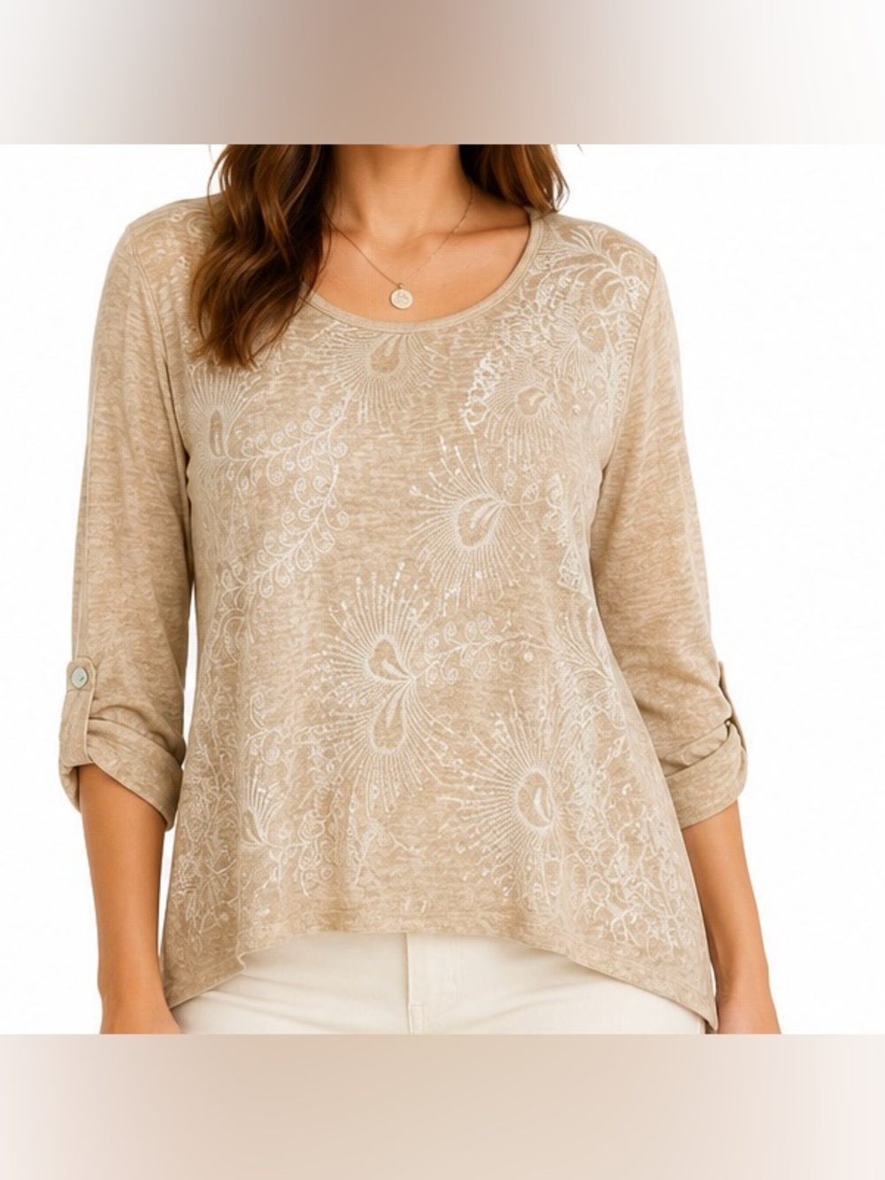 Y2K Beige Embroidered Sequin High Low Knit Top Size Small